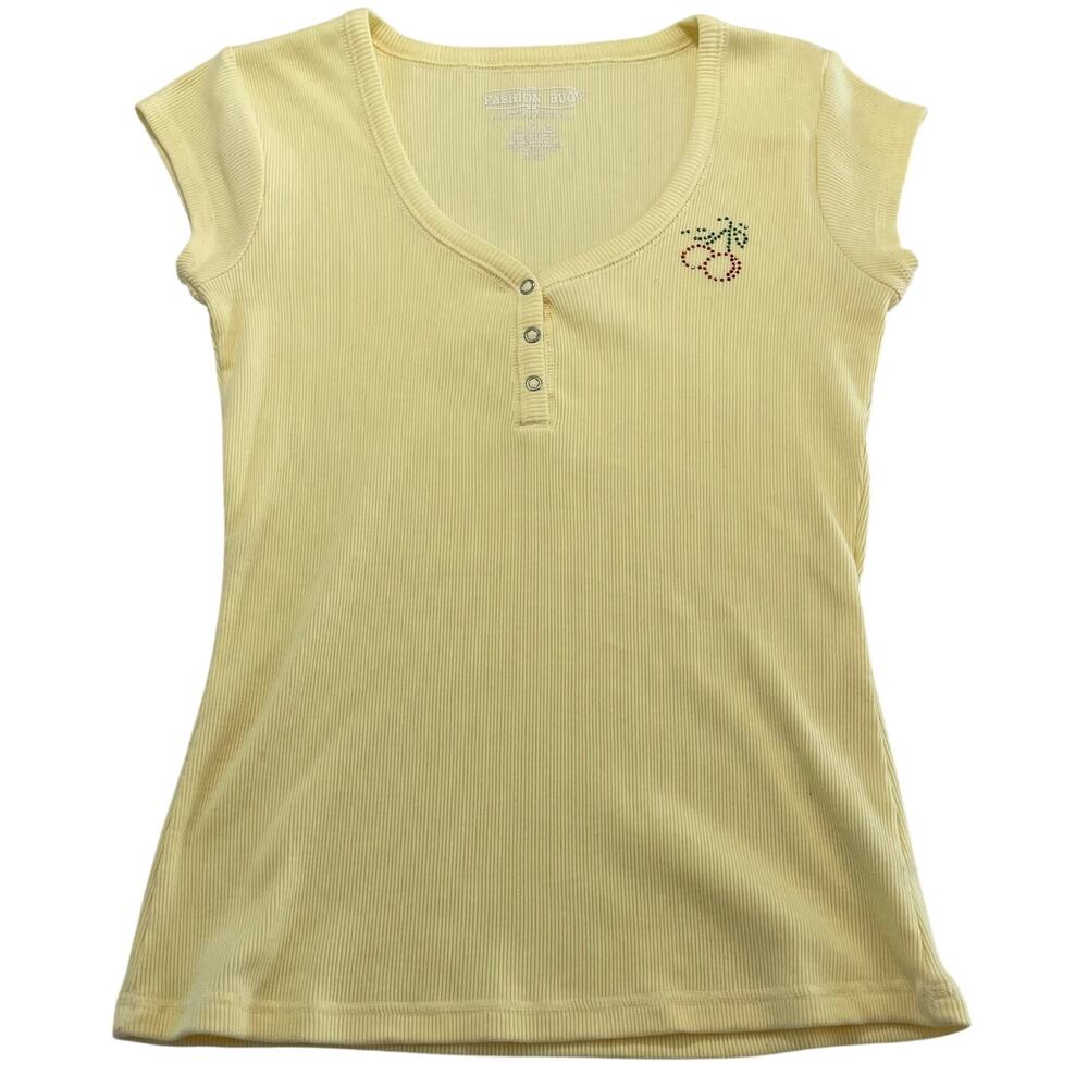 VTG Y2K Fashion Bug Butter Yellow Babydoll Tee with Rhinestone Cherries, Size S - Picture 1 of 5